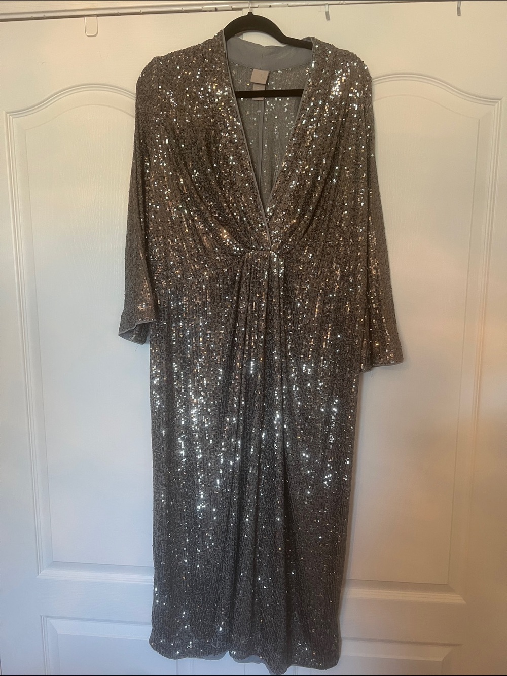 H&M, NWOT, Silver Sequin V-Neck Evening Gown